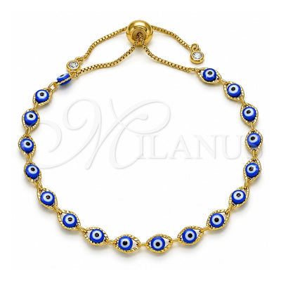 Oro Laminado Adjustable Bolo Bracelet, Gold Filled Style Evil Eye Design, with White Cubic Zirconia, Blue Resin Finish, Golden Finish, 03.386.0006.11 (01 MM Thickness, 11 Inches Length)