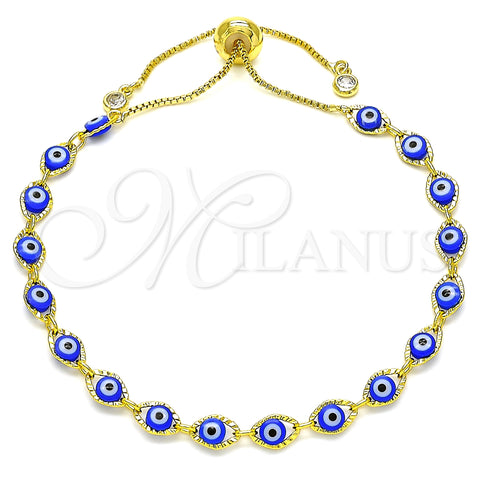 Oro Laminado Adjustable Bolo Bracelet, Gold Filled Style Evil Eye Design, with White Cubic Zirconia, Blue Resin Finish, Golden Finish, 03.386.0006.11 (01 MM Thickness, 11 Inches Length)