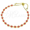 Oro Laminado Adjustable Bolo Bracelet, Gold Filled Style Evil Eye Design, with White Cubic Zirconia, Red Resin Finish, Golden Finish, 03.386.0006.1.11 (01 MM Thickness, 11 Inches Length)