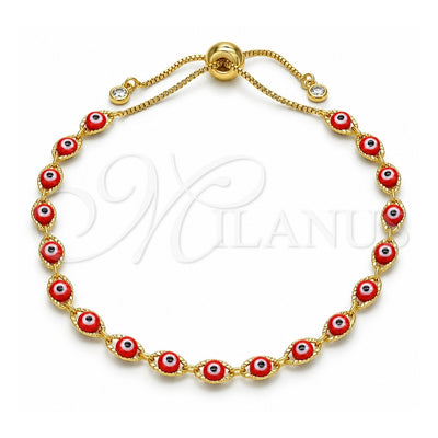 Oro Laminado Adjustable Bolo Bracelet, Gold Filled Style Evil Eye Design, with White Cubic Zirconia, Red Resin Finish, Golden Finish, 03.386.0006.1.11 (01 MM Thickness, 11 Inches Length)