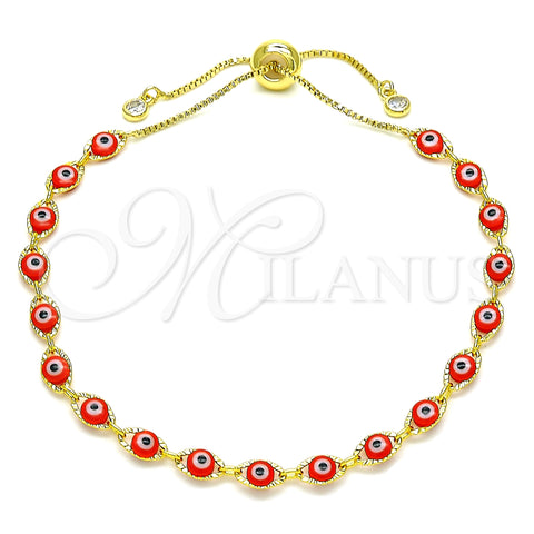 Oro Laminado Adjustable Bolo Bracelet, Gold Filled Style Evil Eye Design, with White Cubic Zirconia, Red Resin Finish, Golden Finish, 03.386.0006.1.11 (01 MM Thickness, 11 Inches Length)