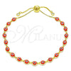 Oro Laminado Adjustable Bolo Bracelet, Gold Filled Style Evil Eye Design, with White Cubic Zirconia, Red Resin Finish, Golden Finish, 03.386.0006.1.11 (01 MM Thickness, 11 Inches Length)