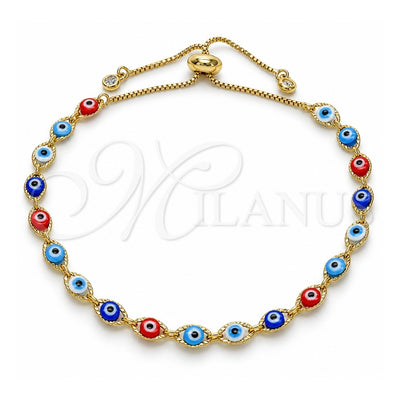 Oro Laminado Adjustable Bolo Bracelet, Gold Filled Style Evil Eye Design, with White Cubic Zirconia, Multicolor Resin Finish, Golden Finish, 03.386.0006.2.11 (01 MM Thickness, 11 Inches Length)