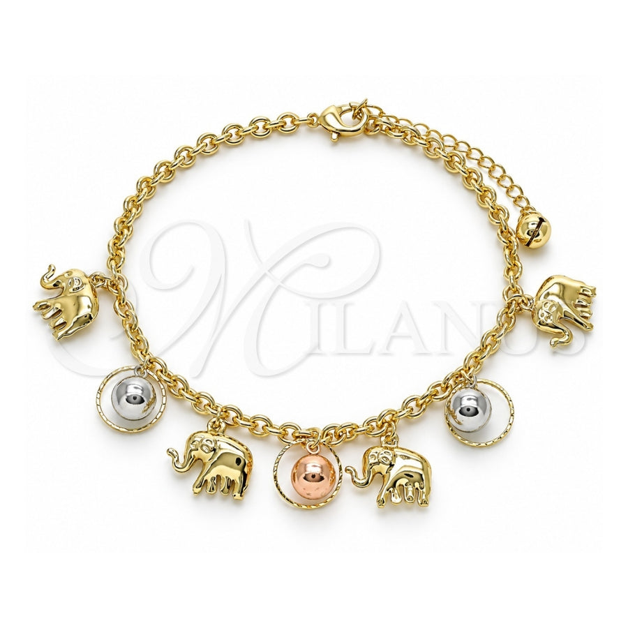 Oro Laminado Charm Anklet , Gold Filled Style Elephant and Ball Design, Polished, Tricolor, 03.331.0202.10 (04 MM Thickness, 10 Inches Length)