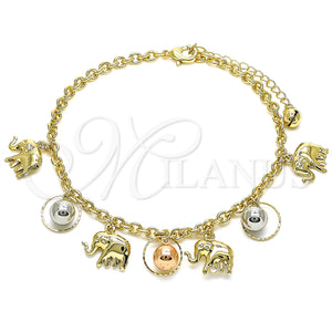 Gold Filled Anklet — Charm Anklet Elephant and Ball Design Polished Tricolor — main product view — SKU 143662 | Oro Laminado tobillera — Charm Anklet Elephant and Ball diseño pulido Tricolor — SKU 143662