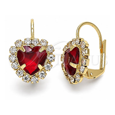 Oro Laminado Leverback Earring, Gold Filled Style Heart Design, with Garnet and White Crystal, Polished, Golden Finish, 02.122.0111