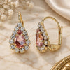 Oro Laminado Leverback Earring, Gold Filled Style Teardrop Design, with Rose and White Crystal, Polished, Golden Finish, 5.125.012.5
