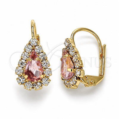 Oro Laminado Leverback Earring, Gold Filled Style Teardrop Design, with Rose and White Crystal, Polished, Golden Finish, 5.125.012.5