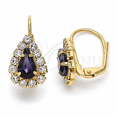 Oro Laminado Leverback Earring, Gold Filled Style Teardrop Design, with Amethyst and White Crystal, Polished, Golden Finish, 5.125.012.6