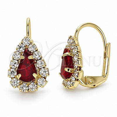 Oro Laminado Leverback Earring, Gold Filled Style Teardrop Design, with Garnet and White Crystal, Polished, Golden Finish, 5.125.012.8