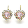 Oro Laminado Leverback Earring, Gold Filled Style Heart Design, with White and Pink Crystal, Polished, Golden Finish, 02.122.0111.2