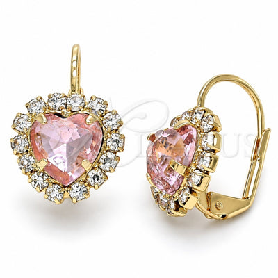 Oro Laminado Leverback Earring, Gold Filled Style Heart Design, with White and Pink Crystal, Polished, Golden Finish, 02.122.0111.2