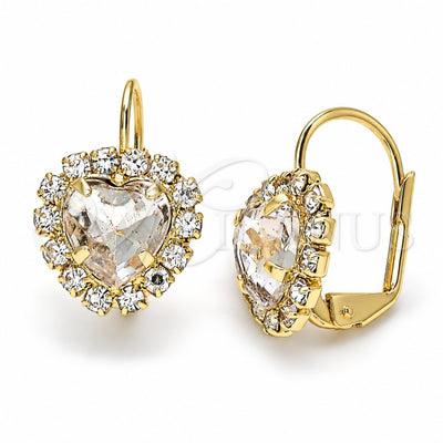 Oro Laminado Leverback Earring, Gold Filled Style Heart Design, with White Crystal, Polished, Golden Finish, 02.122.0111.3