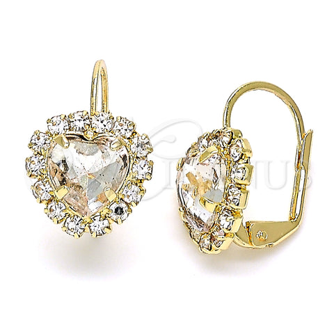 Oro Laminado Leverback Earring, Gold Filled Style Heart Design, with White Crystal, Polished, Golden Finish, 02.122.0111.3