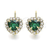 Oro Laminado Leverback Earring, Gold Filled Style Heart Design, with Green and White Crystal, Polished, Golden Finish, 02.122.0111.4