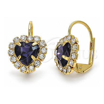 Oro Laminado Leverback Earring, Gold Filled Style Heart Design, with Dark Amethyst and White Crystal, Polished, Golden Finish, 02.122.0111.5