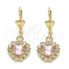 Oro Laminado Dangle Earring, Gold Filled Style Heart Design, with Rose and White Crystal, Polished, Golden Finish, 02.122.0114.2