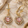 Oro Laminado Dangle Earring, Gold Filled Style Heart Design, with Rose and White Crystal, Polished, Golden Finish, 02.122.0114.2