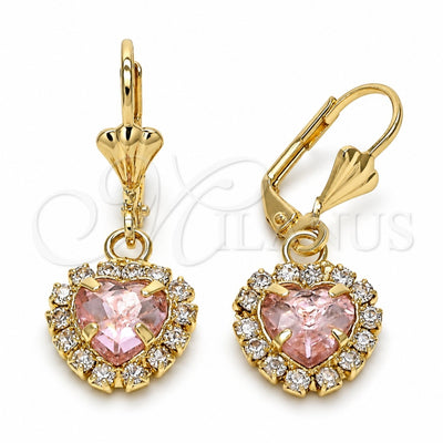 Oro Laminado Dangle Earring, Gold Filled Style Heart Design, with Rose and White Crystal, Polished, Golden Finish, 02.122.0114.2
