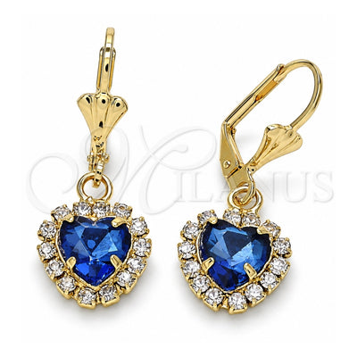 Oro Laminado Dangle Earring, Gold Filled Style Heart Design, with Sapphire Blue and White Crystal, Polished, Golden Finish, 02.122.0114.3