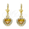 Oro Laminado Dangle Earring, Gold Filled Style Heart Design, with Dark Champagne and White Crystal, Polished, Golden Finish, 02.122.0114.4