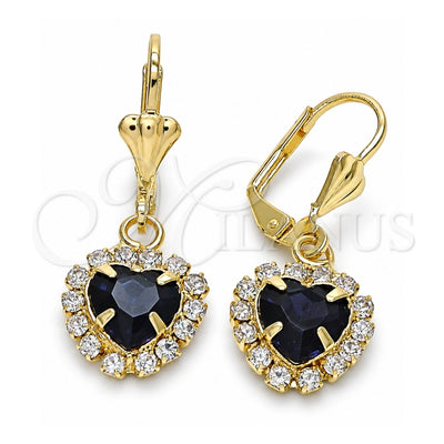 Oro Laminado Dangle Earring, Gold Filled Style Heart Design, with Dark Amethyst and White Crystal, Polished, Golden Finish, 02.122.0114.7
