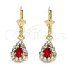 Oro Laminado Dangle Earring, Gold Filled Style Teardrop Design, with Garnet and White Crystal, Polished, Golden Finish, 02.122.0116