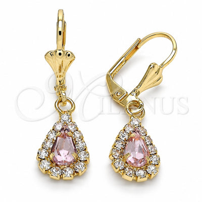 Oro Laminado Dangle Earring, Gold Filled Style Teardrop Design, with Rose and White Crystal, Polished, Golden Finish, 02.122.0116.2