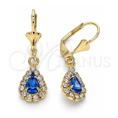 Oro Laminado Dangle Earring, Gold Filled Style Teardrop Design, with Sapphire Blue and White Crystal, Polished, Golden Finish, 02.122.0116.3