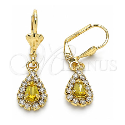 Oro Laminado Dangle Earring, Gold Filled Style Teardrop Design, with Peridot and White Crystal, Polished, Golden Finish, 02.122.0116.4