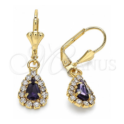 Oro Laminado Dangle Earring, Gold Filled Style Teardrop Design, with Amethyst and White Crystal, Polished, Golden Finish, 02.122.0116.7