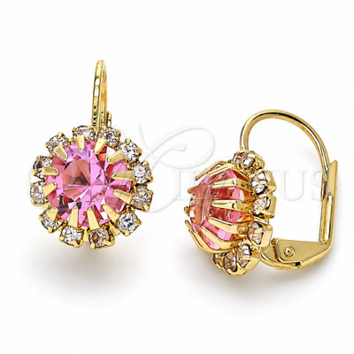 Oro Laminado Leverback Earring, Gold Filled Style Flower Design, with Pink and White Crystal, Polished, Golden Finish, 5.125.009.2