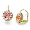 Oro Laminado Leverback Earring, Gold Filled Style Flower Design, with Pink and White Crystal, Polished, Golden Finish, 5.125.009.2