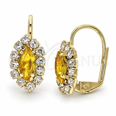 Oro Laminado Leverback Earring, Gold Filled Style Leaf Design, with Dark Champagne and White Crystal, Polished, Golden Finish, 02.122.0082.7