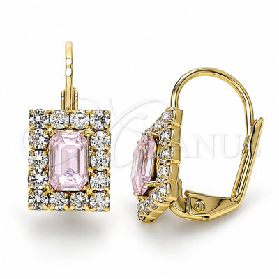 Oro Laminado Leverback Earring, Gold Filled Style with Rose and White Crystal, Polished, Golden Finish, 5.125.020.5