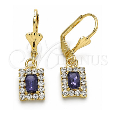 Oro Laminado Dangle Earring, Gold Filled Style with Amethyst and White Crystal, Polished, Golden Finish, 02.122.0117.7