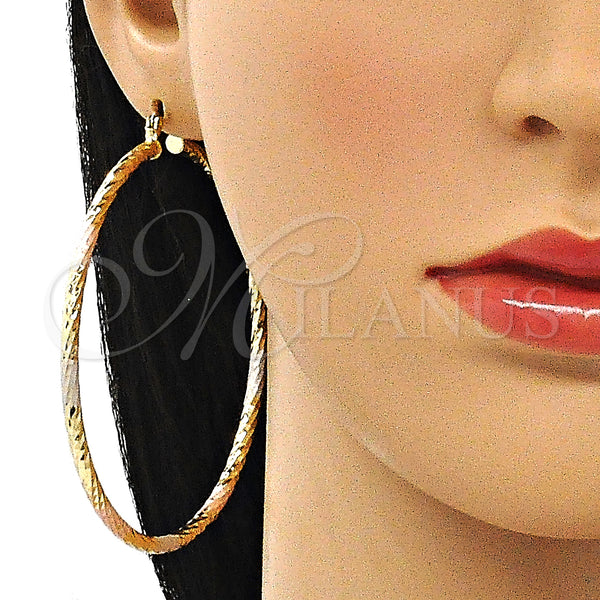 Gold Filled Hoop Earrings — Extra Large Hoop Diamond Cutting Tricolor 02. — alternate product view — SKU 143786 | Oro Laminado aretes de aro — Extra Large Hoop Diamond Cutting Tricolor 02. — SKU 143786