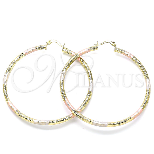 Gold Filled Hoop Earrings — Large Hoop Diamond Cutting Tricolor 02. — main product view — SKU 143787 | Oro Laminado aretes de aro — Large Hoop Diamond Cutting Tricolor 02. — SKU 143787
