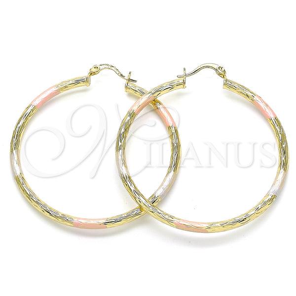 Gold Filled Hoop Earrings — Large Hoop Diamond Cutting Tricolor 02. — main product view — SKU 143789 | Oro Laminado aretes de aro — Large Hoop Diamond Cutting Tricolor 02. — SKU 143789