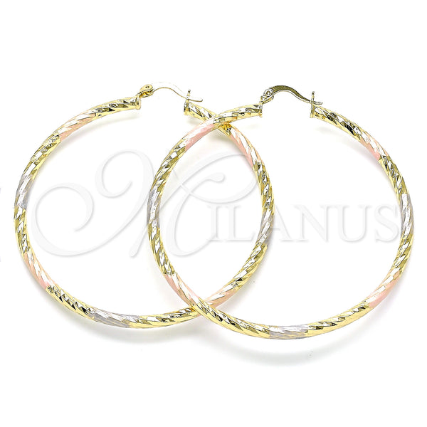 Gold Filled Hoop Earrings — Large Hoop Diamond Cutting Tricolor 02. — main product view — SKU 143791 | Oro Laminado aretes de aro — Large Hoop Diamond Cutting Tricolor 02. — SKU 143791