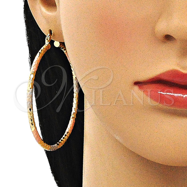 Gold Filled Hoop Earrings — Large Hoop Hollow Design Diamond Cutting Tricolor 02. — alternate product view — SKU 143796 | Oro Laminado aretes de aro — Large Hoop Hollow diseño Diamond Cutting Tricolor 02. — SKU 143796