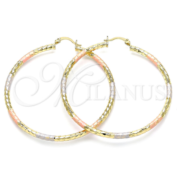 Gold Filled Hoop Earrings — Large Hoop Hollow Design Diamond Cutting Tricolor 02. — main product view — SKU 143796 | Oro Laminado aretes de aro — Large Hoop Hollow diseño Diamond Cutting Tricolor 02. — SKU 143796