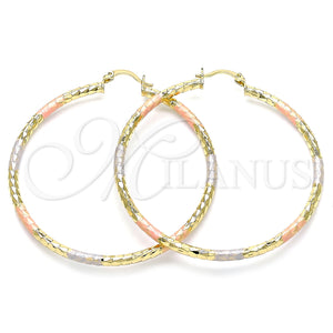 Gold Filled Hoop Earrings — Large Hoop Hollow Design Diamond Cutting Tricolor 02. — main product view — SKU 143796 | Oro Laminado aretes de aro — Large Hoop Hollow diseño Diamond Cutting Tricolor 02. — SKU 143796