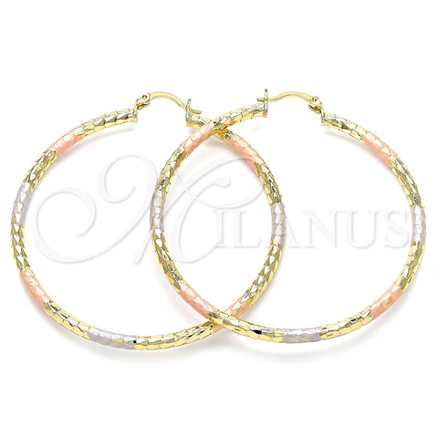 Oro Laminado Large Hoop, Gold Filled Style Hollow Design, Diamond Cutting Finish, Tricolor, 02.213.0243.60