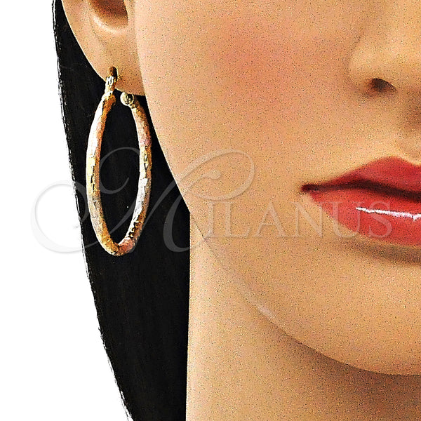Gold Filled Hoop Earrings — Medium Hoop Hollow Design Diamond Cutting Tricolor 02. — alternate product view — SKU 143798 | Oro Laminado aretes de aro — Medium Hoop Hollow diseño Diamond Cutting Tricolor 02. — SKU 143798