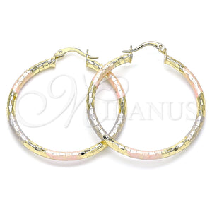 Gold Filled Hoop Earrings — Medium Hoop Hollow Design Diamond Cutting Tricolor 02. — main product view — SKU 143798 | Oro Laminado aretes de aro — Medium Hoop Hollow diseño Diamond Cutting Tricolor 02. — SKU 143798