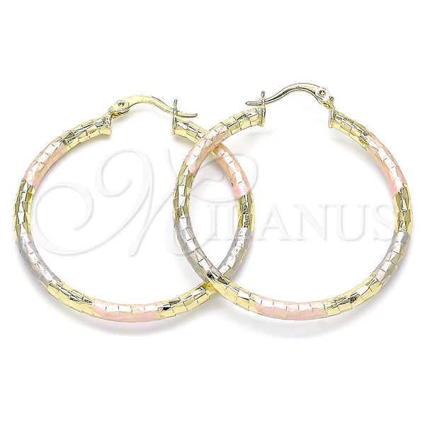 Gold Filled Hoop Earrings — Medium Hoop Hollow Design Diamond Cutting Tricolor 02. — main product view — SKU 143798 | Oro Laminado aretes de aro — Medium Hoop Hollow diseño Diamond Cutting Tricolor 02. — SKU 143798