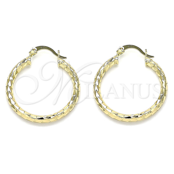 Gold Filled Hoop Earrings — Medium Hoop Hollow Design Diamond Cutting 02. — main product view — SKU 143803 | Oro Laminado aretes de aro — Medium Hoop Hollow diseño Diamond Cutting 02. — SKU 143803