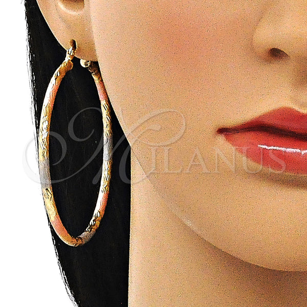 Gold Filled Hoop Earrings — Large Hoop Hollow Design Diamond Cutting Tricolor 02. — alternate product view — SKU 143815 | Oro Laminado aretes de aro — Large Hoop Hollow diseño Diamond Cutting Tricolor 02. — SKU 143815