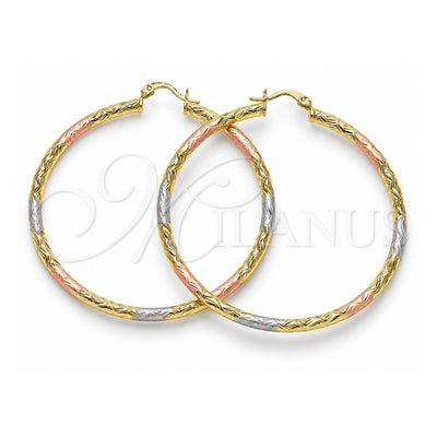 Oro Laminado Large Hoop, Gold Filled Style Hollow Design, Diamond Cutting Finish, Tricolor, 02.213.0245.60